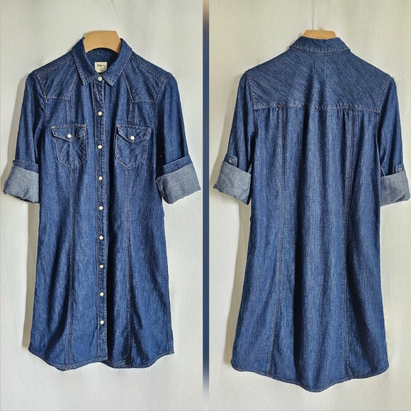 GAP 1969 Long Sleeve Dark Blue Denim Western Button Shirt Dress - Picture 5 of 16
